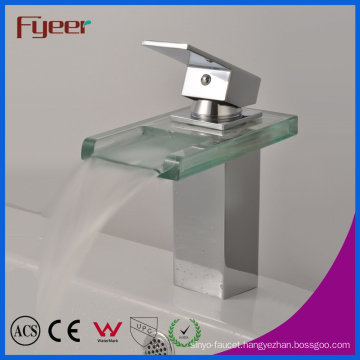 Fyeer Chrome Plated Square Glass Waterfall Spout Single Handle Brass Wash Basin Faucet Sink Water Mixer Tap Wasserhahn